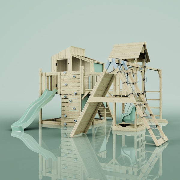 Spielturm aus Holz mit Rutsche, Kletterwand und Schaukel