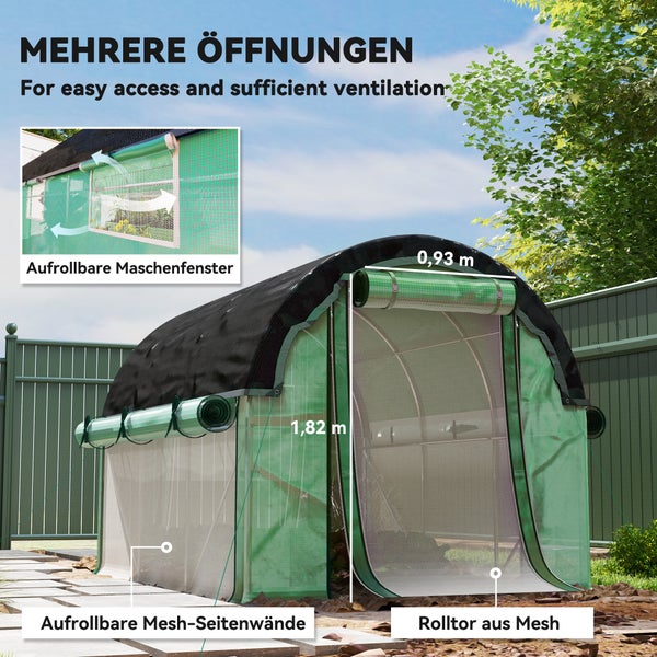 Outsunny Gewächshaus 3 x 2 x 2 m Foliengewächshaus mit 6 Fenster, Rolltüren, Aufrollbar Seitenwänden, UV-beständiger Folientunnel, Winterfest Tomatenhaus mit Erdanker, Grün