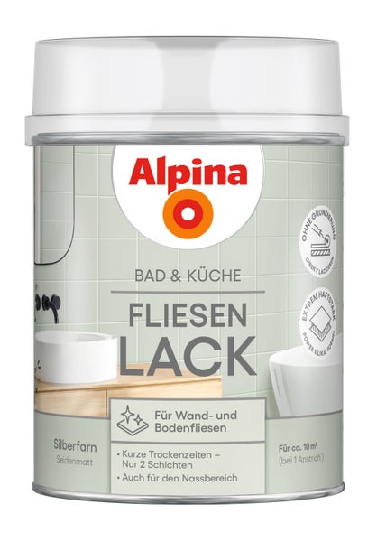 Alpina Fliesenlack für Bad und Küche, Silberfarn seidenmatt, für Wand- und Bodenfliesen, ohne Grundierung, für circa 10 Quadratmeter.