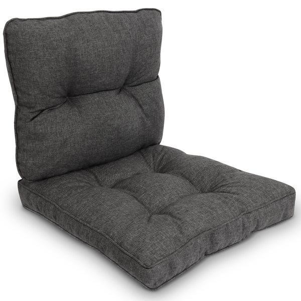 Loungekissen in Dunkelgrau mit strukturiertem Stoff und Punktsteppung, bestehend aus Rückenlehne und Sitzfläche.