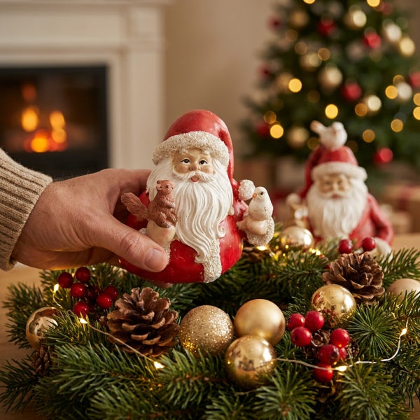 Weihnachtsdekoration Weihnachtsmann Figur mit Eichhörnchen und Vogel auf einem Adventskranz mit Lichterkette und Tannenästen