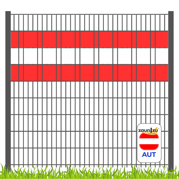 Zaun mit Sichtschutz im Design der österreichischen Flagge