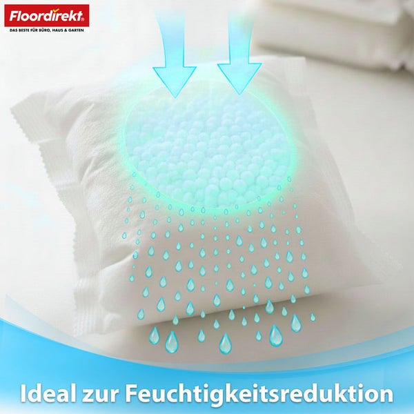 Floordirekt Logo. Luftentfeuchter-Beutel mit Granulat zur Reduzierung von Feuchtigkeit.