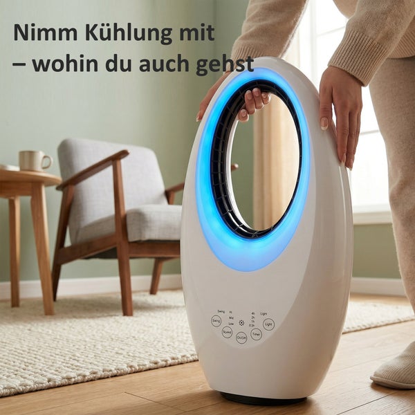 Tragbarer blattloser Ventilator in Weiß mit blauem Lichtring in einem hellen Wohnzimmer.