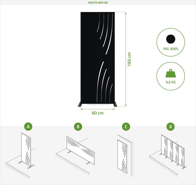 Set mit 3 dekorativen Paneelen VELETA Schwarz H.160cm, rechte Seite mit Mustern