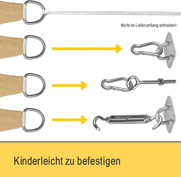 Dreieckiges Sonnensegel in Sandbeige aus wetterfestem Gewebe mit D-Ringen an den Ecken zur Befestigung.