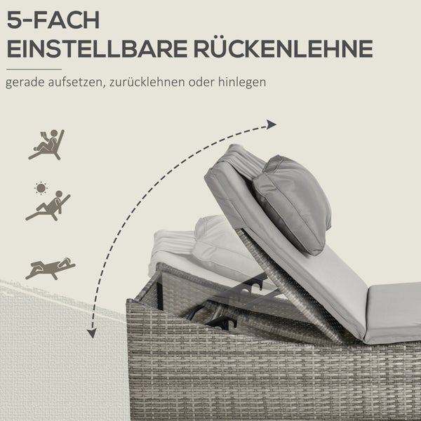 Outsunny Sonnenliege, 2-in-1 Polyrattan Gartenliege mit Polsterauflage, 5 Stufen verstellbar, klappbar,  200 x 60 x 40 cm, Stahl, PE Rattan, Polyester, Hellgrau