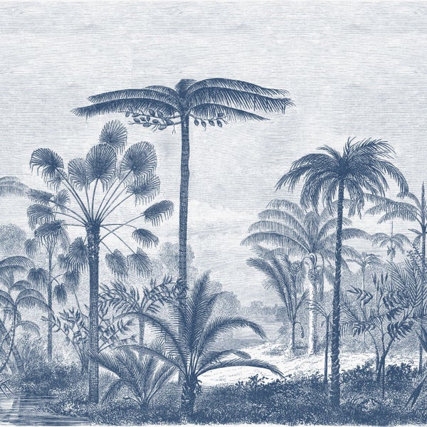 Vliestapete mit tropischem Landschaftsmotiv und verschiedenen Palmenarten in detaillierter Illustrationsoptik.