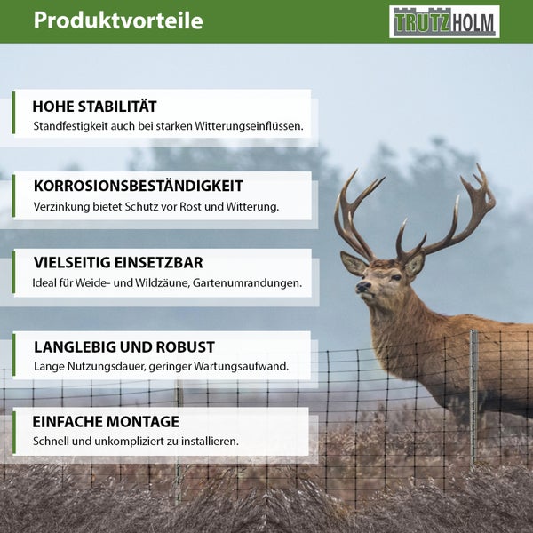 Trutz Holm Logo. Darstellung der Produktvorteile eines Wildzauns mit einem Hirsch im Hintergrund