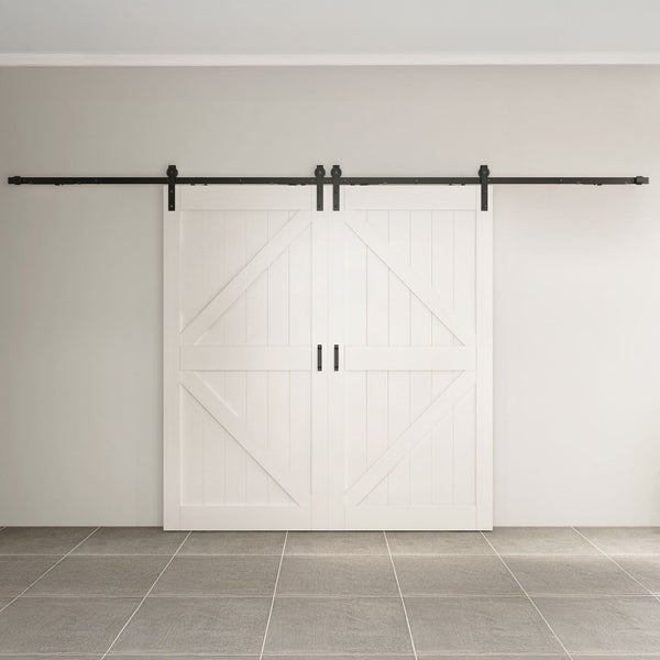 Holzschiebetür Komplettset Scheunentor weiß Doppelflügelig Beschlag in schwarz - 2050x2150mm