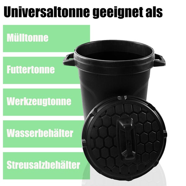 BigDean Universal Allzwecktonne Mülltonne 90 Liter Tonne XL Universaltonne Universaleimer schwarz mit Deckel Plastiktonne Regenfass Wassertonne Regenauffangbehälter