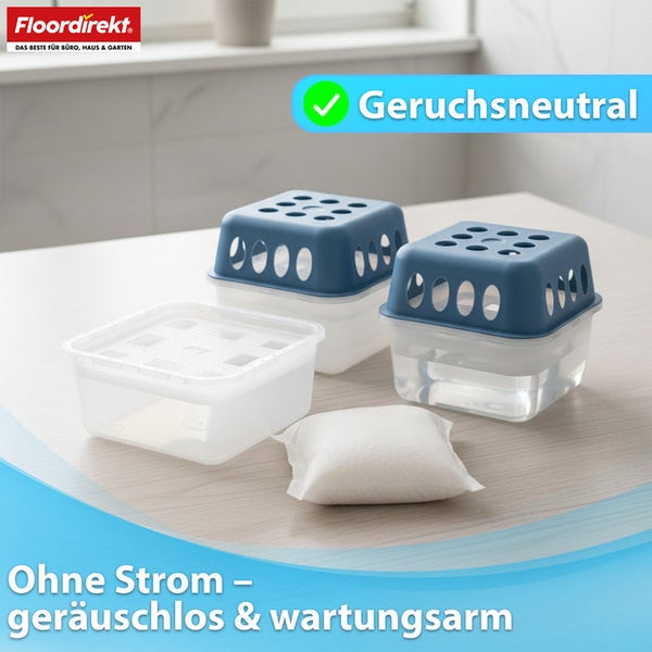 Raumentfeuchter aus Kunststoff mit Granulatbeutel. Geruchsneutral, funktioniert ohne Strom, geräuschlos und wartungsarm. Floordirekt Logo.