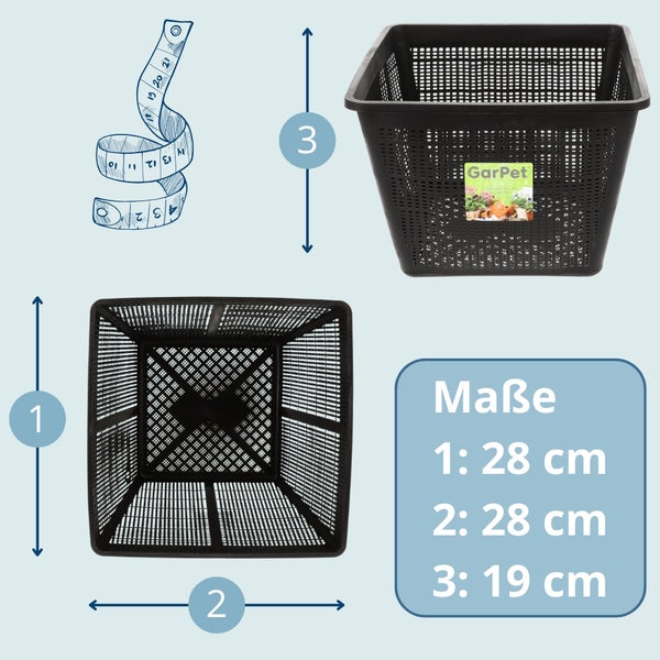 Abbildung eines schwarzen Pflanzkorbs mit den Maßen 28 x 28 x 19 cm.