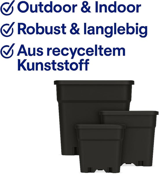 Schwarze quadratische Pflanzkübel aus recyceltem Kunststoff für innen und außen, robust und langlebig.
