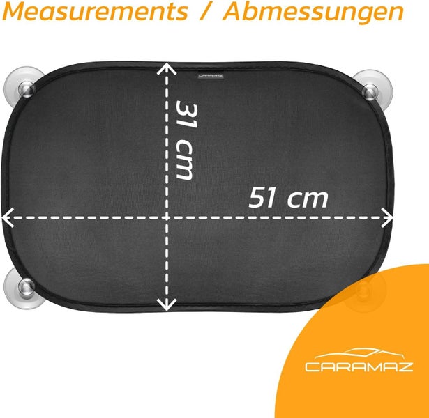 Schwarzer Caramaz Sonnenschutz fürs Auto mit vier Saugnäpfen, Maße 51 Zentimeter Breite und 31 Zentimeter Höhe. Caramaz Logo.