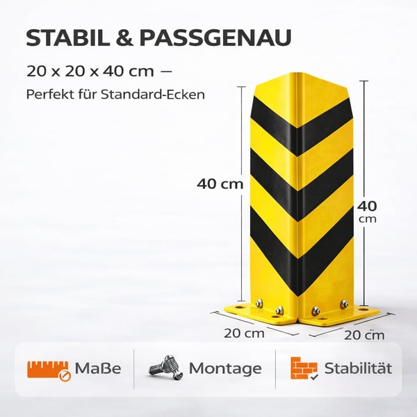 Eck-Anprallschutz aus Metall mit gelb-schwarzen Warnstreifen, Maße 20 mal 20 mal 40 Zentimeter, Details zu Abmessungen, Montage und Stabilität.