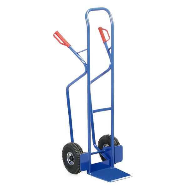 Blaue Sackkarre mit roten Griffen und zwei Rädern