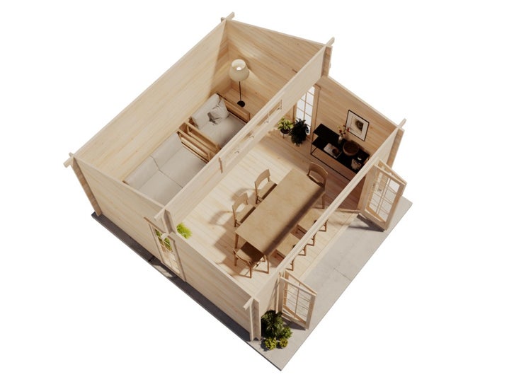 Übersicht der Gartenhaus-Serie Lausitz mit verschiedenen Modellen aus Holz, ausgestattet mit Pultdächern und großen Glaselementen.