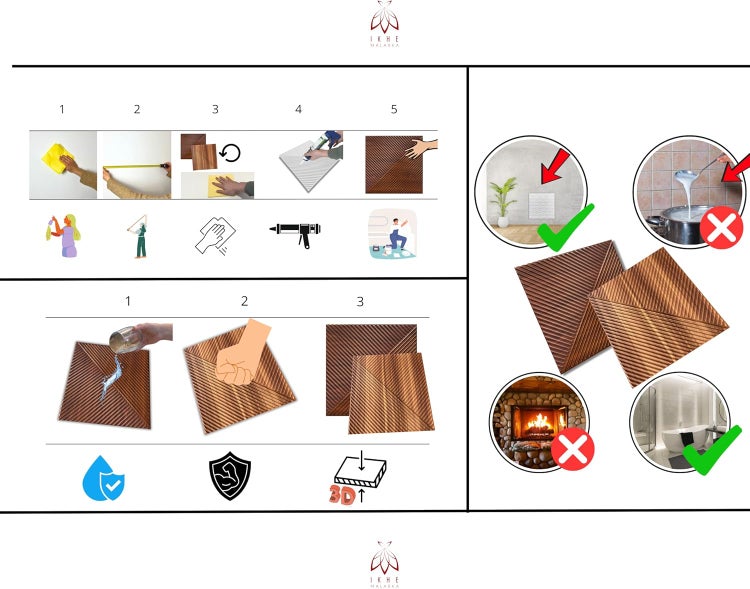 Infografik zur Montage von 3D Wandpaneelen mit Installationsschritten, Eigenschaften wie Wasserbeständigkeit und Eignung für Wohnraum und Bad.