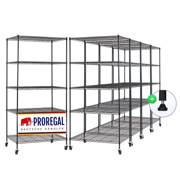 Proregal Drahtregalsystem aus schwarzem Metall mit fünf Böden auf Rollen und verstellbarem Standfuß. Proregal Logo.