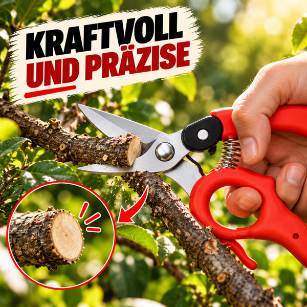Gartenschere beim Schneiden eines Astes in einer Gartenumgebung mit Detailansicht der Schnittflaeche