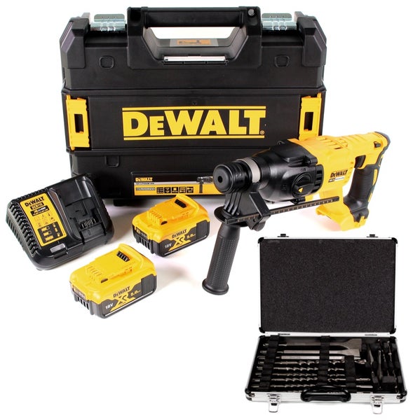DeWalt Akku-Bohrhammer-Set mit Kombihammer, zwei 18 Volt Akkus, Ladegerät, Systemkoffer und einem Bohrer- und Meißelset.
