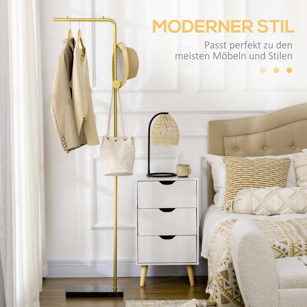 HOMCOM Garderobenständer, Kleiderständer mit Haken Marmor Basis Garderobe für Kleidung, Hüte, für Wohnzimmer, Eingang, 35 x 25 x 170 cm, Gold+Schwarz