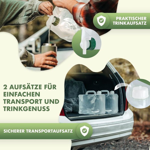 NATURBUMMLER ® 4er-Set 10l Wasserkanister Faltbar Outdoor [Co2-Neutral] inkl. Stabiler Griff + Trinkaufsatz – Auslaufsicher & Robust – Trinkwasserkanister Wassertank Wasserbehälter Kanister Wasser