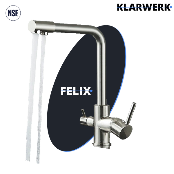 Drei-Wege-Küchenarmatur aus gebürstetem Edelstahl mit zwei Wasserstrahlen, FELIX Logo und NSF-Zertifizierung.