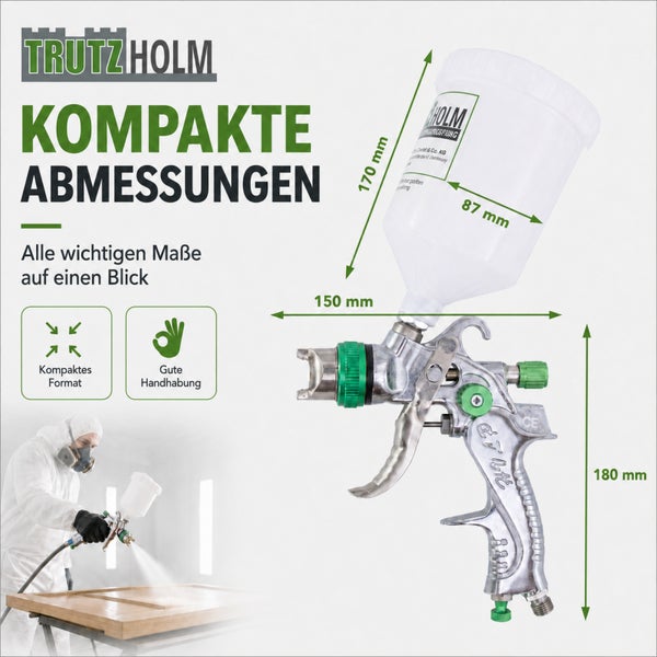 TrutzHolm Lackierpistole mit Fließbecher und Maßangaben für kompakte Abmessungen und gute Handhabung.
