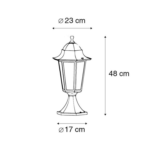Skizze einer Wegeleuchte mit den Maßen: Durchmesser oben 23 Zentimeter, Durchmesser unten 17 Zentimeter, Gesamthöhe 48 Zentimeter.
