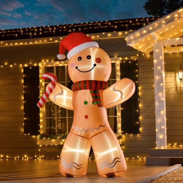 HOMCOM Aufblasbarer Lebkuchenmann, 2,4 m Weihnachtsdekoration mit Lichtern Aufblasbares Modell, wetterfest, 170 x 65 x 240 cm, Polyester-Stoff, Gelb