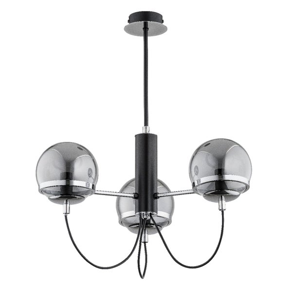 Moderne Deckenleuchte mit drei rauchfarbenen Glaskugeln und Metallarmatur in Stabform.