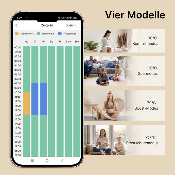 Darstellung der App zur Steuerung verschiedener Heizmodi.
