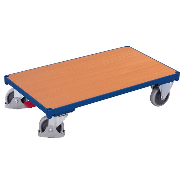 Transportroller mit Holzdeckel, blauem Rahmen und vier Lenkrollen.