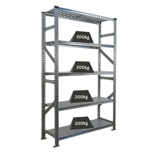 Metallregal mit vier Ebenen und einer Traglast von 200 Kilogramm pro Ebene