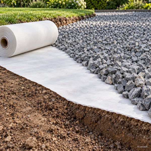 Gartenvlies als Trennschicht zwischen Untergrund und Schotterschicht bei der Anlage eines Weges im Garten.