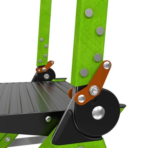 Detailansicht eines Klapptritts mit Metallscharnier und Trittfläche aus Kunststoff