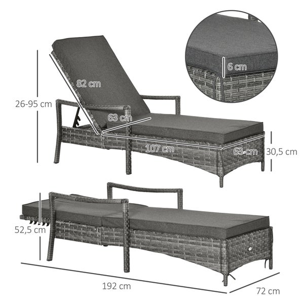Outsunny Sonnenliege Polyrattan Gartenliege Rattanliege Gartenmöbel Liege mit Polsterauflage 4 Stufen verstellbar Grau 192 x 72 x 52,5 cm