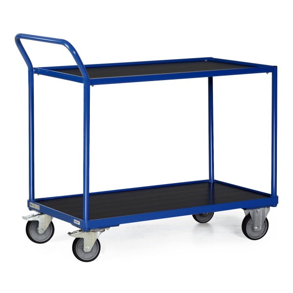 Blauer Transportwagen mit zwei Ablageflächen und vier Rädern