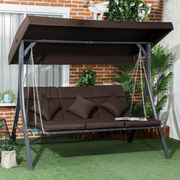 Outsunny Hollywoodschaukel, 3-Sitzer, mit Verstellbarem Sonnendach, mit Kissen, bis 270 kg Belastbar, 200 x 115 x 168 cm, Metall, Texteline, Braun