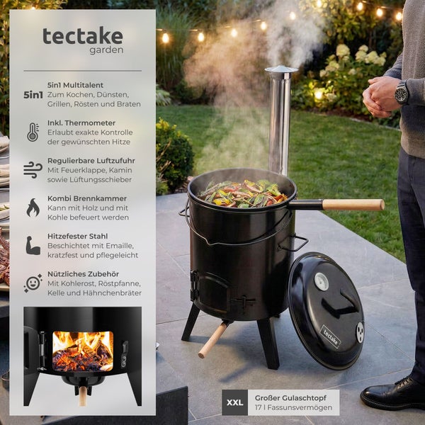 Tectake Gulaschtopf XXL 17 Liter aus Stahl mit Thermometer, Kamin und Zubehör für Kochen, Dünsten, Grillen, Rösten und Braten im Garten.