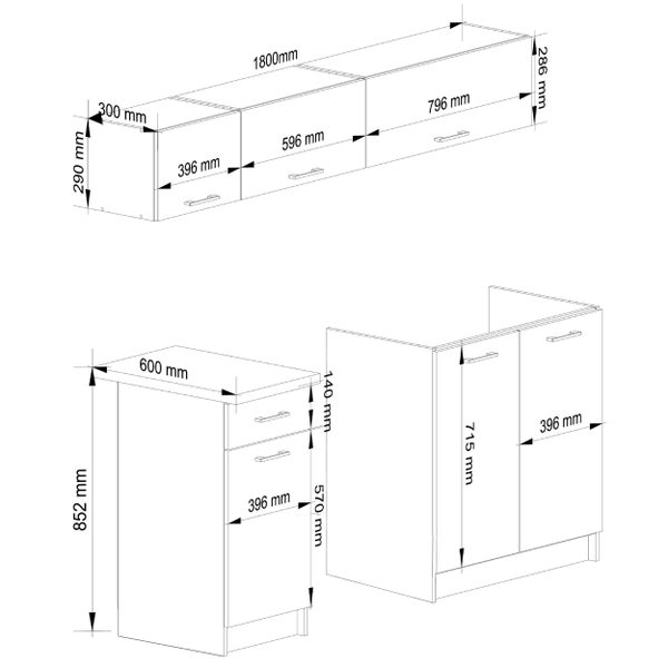 Technische Zeichnung von Küchenmöbeln mit Maßangaben.