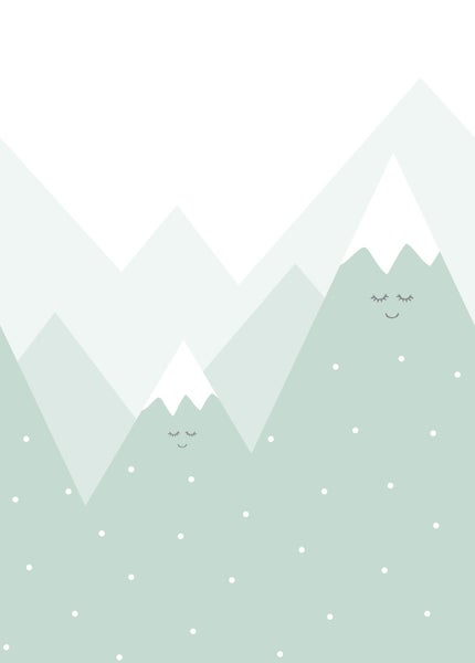 Illustration einer Berglandschaft mit freundlichen Gesichtern und Schneefall