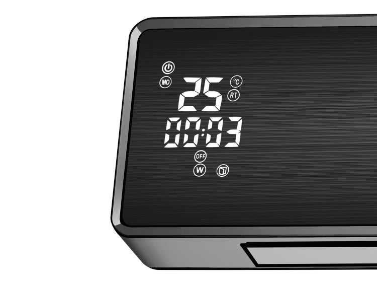 Nahaufnahme eines Heizgeräts mit digitaler Anzeige von Temperatur und Zeit.