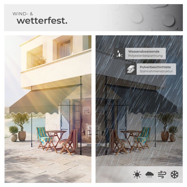 Klemmmarkise auf Terrasse bei Sonne und Regen, wasserabweisende Polyesterbespannung, pulverbeschichteter Stahlrahmen, windfest und wetterfest.