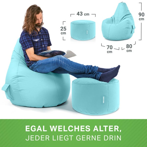Green Bean 2er Set Sitzsack + Hocker - fertig befüllt - robust waschbar schmutzabweisend - Kinder & Erwachsene Bean Bag Bodenkissen Lounge Sitzhocker Relax-Sessel Gamer Gamingstuhl Pouf - Aquamarin