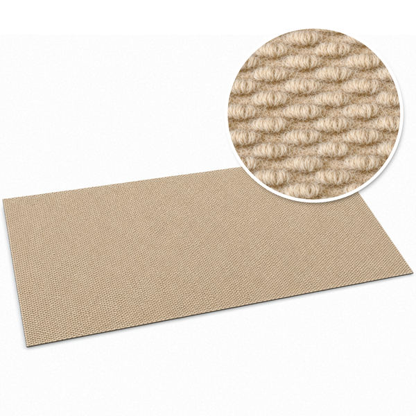 Beige strukturierte Bodenmatte aus gewebtem Material mit einer Detailansicht der Schlingenoberfläche.