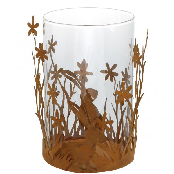 Windlicht aus Glas mit Hasen- und Blumenmuster aus Metall