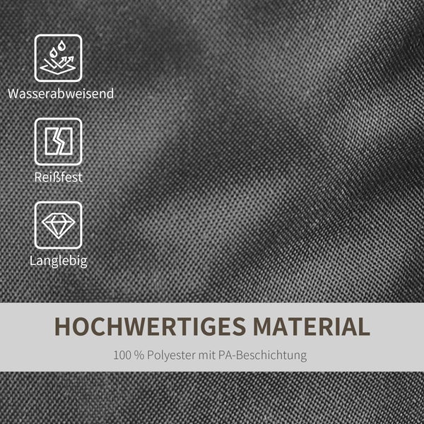 Hochwertiges Material aus 100 Prozent Polyester mit PA-Beschichtung, wasserabweisend, reißfest und langlebig.